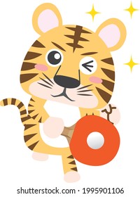 Animal tiger playing badminton with a racket and a ball