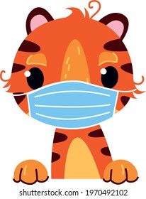 Animal Tiger in a surgical protective mask with paws. Healing mask to protect against viruses. Vaccination of the baby logo. Kid cartoon character. Children s logo cute fun. Coronavirus, COVID-19
