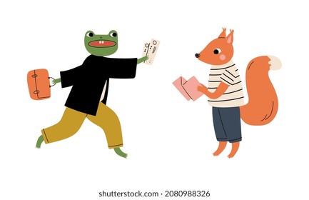 Animal Tourist or Traveler with Luggage or Baggage Having Trip on Vacation Vector Set