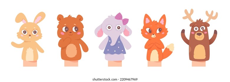 Animal toys for puppet show set vector illustration. Cartoon isolated rabbit bear elephant fox deer colorful characters for fun theatre performance in kindergarten, funny socks doll for human hands