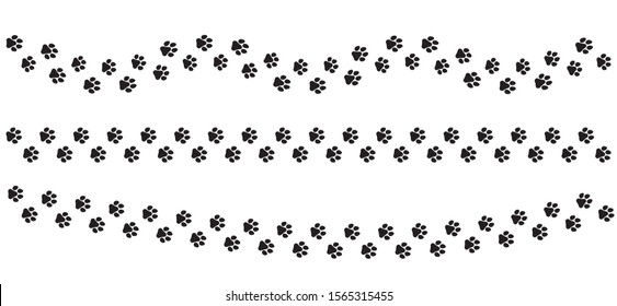 Animal track with paw prints. Dog's footprints on white isolated background. Pattern brush. Pet paw black prints. Flat vector illustration