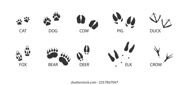 Animal tracks black set icon. Foot print of animal and bird. Vector isolated illustration