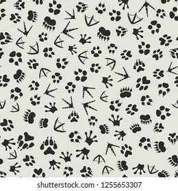 Animal tracks black and white background with seamless footprints of birds and mammals pattern. Wildlife backdrop or tracking and hunting theme design