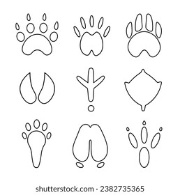 Animal tracks. Coloring Page. Footprint bear, dog, wolf, goat, chicken, duck, fox, bull, bird. Vector drawing. Collection of design elements.