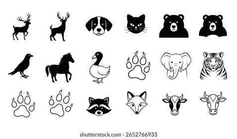 Animal Tracks Icon Sheet Black Line Fill Design Wildlife Footprint Symbols Collection