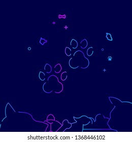 Animal Tracks, Paw Prints Vector Line Illustration. Pet Gradient Icon, Symbol or Pictogram, Sign. Dark Blue Background. Related Bottom Border.