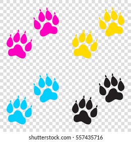 Animal Tracks sign. CMYK icons on transparent background. Cyan, magenta, yellow, key, black.