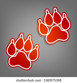 Animal Tracks sign. Flat red icon with linear white icon with gray shadow at grayish background. Illustration.