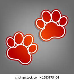 Animal Tracks sign. Flat red icon with linear white icon with gray shadow at grayish background. Illustration.