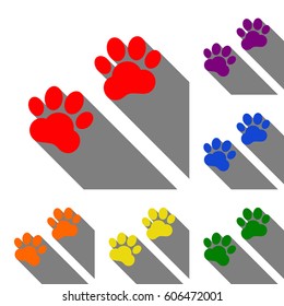 Animal Tracks sign. Set of red, orange, yellow, green, blue and violet icons at white background with flat shadow.
