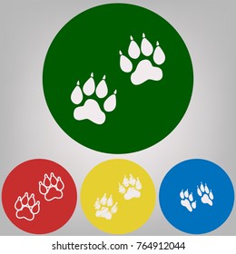 Animal Tracks sign. Vector. 4 white styles of icon at 4 colored circles on light gray background.