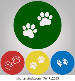 Animal Tracks sign. Vector. 4 white styles of icon at 4 colored circles on light gray background.