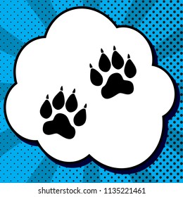 Animal Tracks sign. Vector. Black icon in bubble on blue pop-art background with rays.