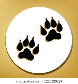 Animal Tracks sign. Vector. Black icon with light brown shadow in white circle with shaped ring at golden background.