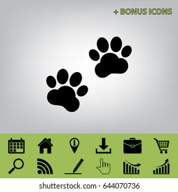 Animal Tracks sign. Vector. Black icon at gray background with bonus icons at celery ones