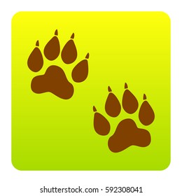 Animal Tracks sign. Vector. Brown icon at green-yellow gradient square with rounded corners on white background. Isolated.