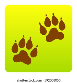 Animal Tracks sign. Vector. Brown icon at green-yellow gradient square with rounded corners on white background. Isolated.