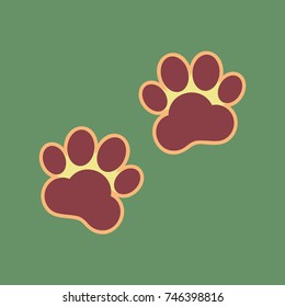 Animal Tracks sign. Vector. Cordovan icon and mellow apricot halo with light khaki filled space at russian green background.
