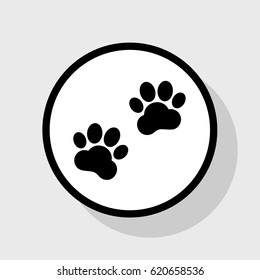Animal Tracks sign. Vector. Flat black icon in white circle with shadow at gray background.