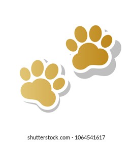 Animal Tracks sign. Vector. Golden gradient icon with white contour and rotated gray shadow at white background.