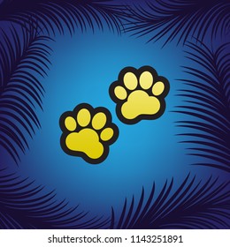 Animal Tracks sign. Vector. Golden icon with black contour at blue background with branches of palm trees.