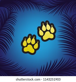 Animal Tracks sign. Vector. Golden icon with black contour at blue background with branches of palm trees.