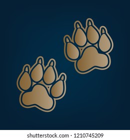 Animal Tracks sign. Vector. Golden icon and border at dark cyan background.