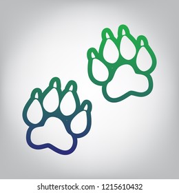 Animal Tracks sign. Vector. Green to blue gradient contour icon at grayish background with light in center.