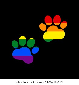 Animal Tracks sign. Vector. Icon with colors of LGBT flag at black background.