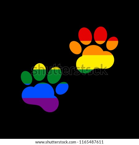 Animal Tracks sign. Vector. Icon with colors of LGBT flag at black background.