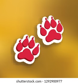 Animal Tracks sign. Vector. Magenta icon with darker shadow, white sticker and black popart shadow on golden background.