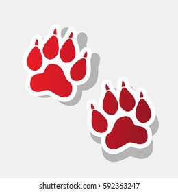 Animal Tracks sign. Vector. New year reddish icon with outside stroke and gray shadow on light gray background.
