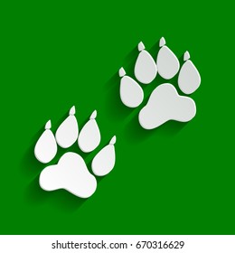 Animal Tracks sign. Vector. Paper whitish icon with soft shadow on green background.