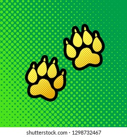 Animal Tracks sign. Vector. Pop art orange to yellow dots-gradient icon with black contour at greenish background.