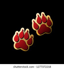 Animal Tracks sign. Vector. Red icon with small black and limitless shadows at golden sticker on black background.