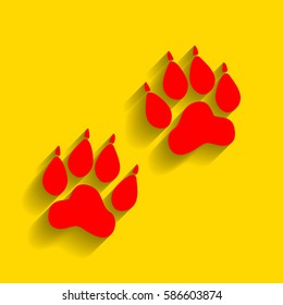 Animal Tracks sign. Vector. Red icon with soft shadow on golden background.