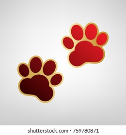 Animal Tracks sign. Vector. Red icon on gold sticker at light gray background.