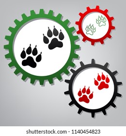 Animal Tracks sign. Vector. Three connected gears with icons at grayish background.