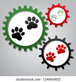 Animal Tracks sign. Vector. Three connected gears with icons at grayish background.