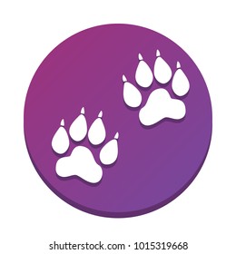 Animal Tracks sign. Vector. White icon with flat shadow on purpureus circle at white background. Isolated.
