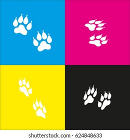 Animal Tracks sign. Vector. White icon with isometric projections on cyan, magenta, yellow and black backgrounds.