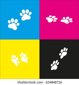 Animal Tracks sign. Vector. White icon with isometric projections on cyan, magenta, yellow and black backgrounds.