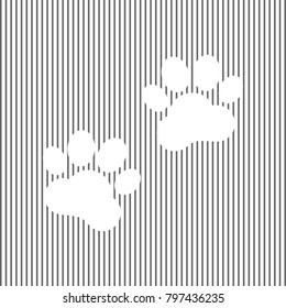 Animal Tracks sign. Vector. White icon on grayish striped background. Optical illusion.