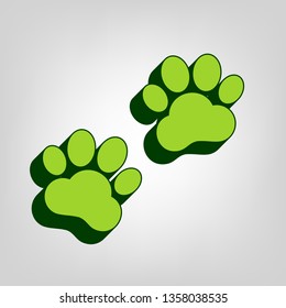 Animal Tracks sign. Vector. Yellow green solid icon with dark green external body at light colored background.