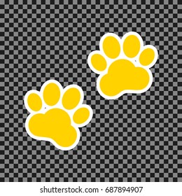 Animal Tracks sign. Vector. Yellow icon with white contour on dark transparent background.