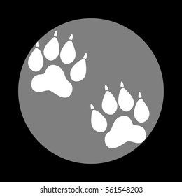 Animal Tracks sign. White icon in gray circle at black background. Circumscribed circle. Circumcircle.
