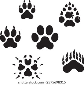 Animal tracks Silhouette. Footprints of swan, llama and donkey, cat. Owl, dog and mouse, dove and zebra paw prints isolated vector set.