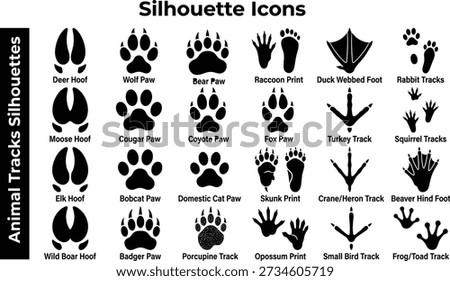 Animal tracks silhouettes icons vector set in black style, featuring deer hoof, wolf paw, bear paw, raccoon track, duck webbed foot, rabbit track, moose, cougar, coyote, fox, turkey, crane, beaver, opossum, bird and frog tracks, perfect for field guides, nature education, camping and hunting materials.
