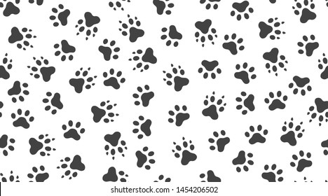 Animal tracks vector seamless pattern with flat icons. Black white color pet paw texture. Dog, cat footprint background, abstract foot print silhouette wallpaper for veterinary clinic.