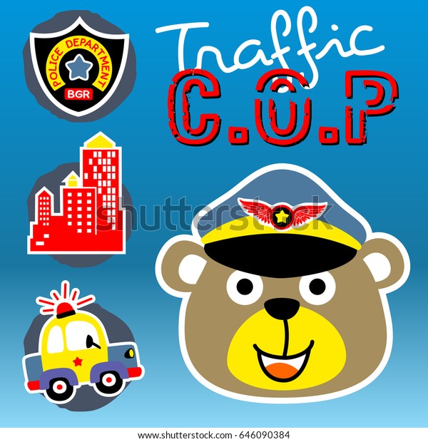 animal traffic cop with patrol car, logo and\
buildings, vector cartoon\
illustration